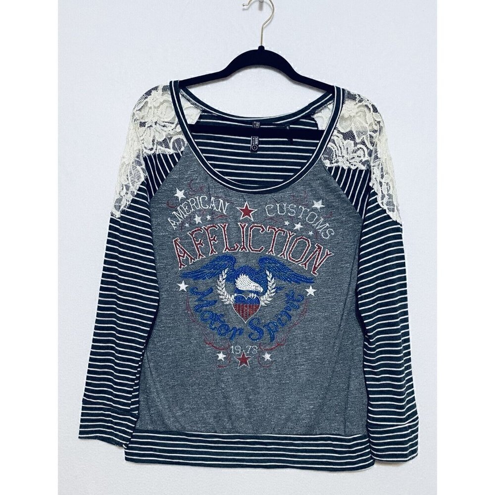 Affliction Womens Small Black Striped Pullover Top Lace Beaded Eagle Long Sleeve